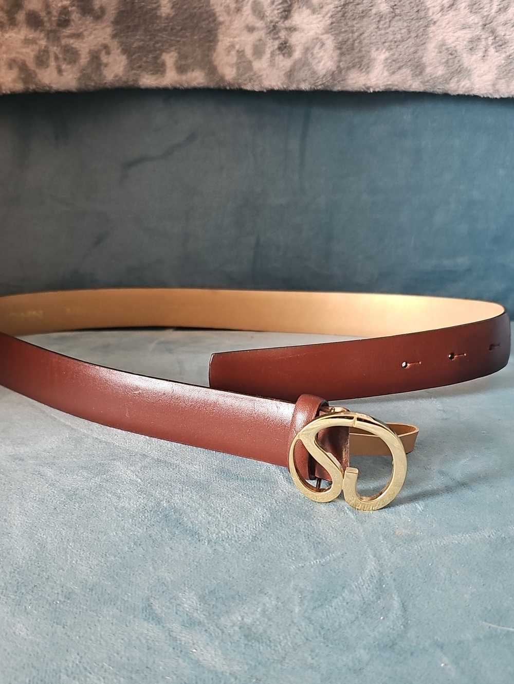 St. John Brown Leather Logo Belt Gold Tone SJ Buckle Made in Italy Size M Women'